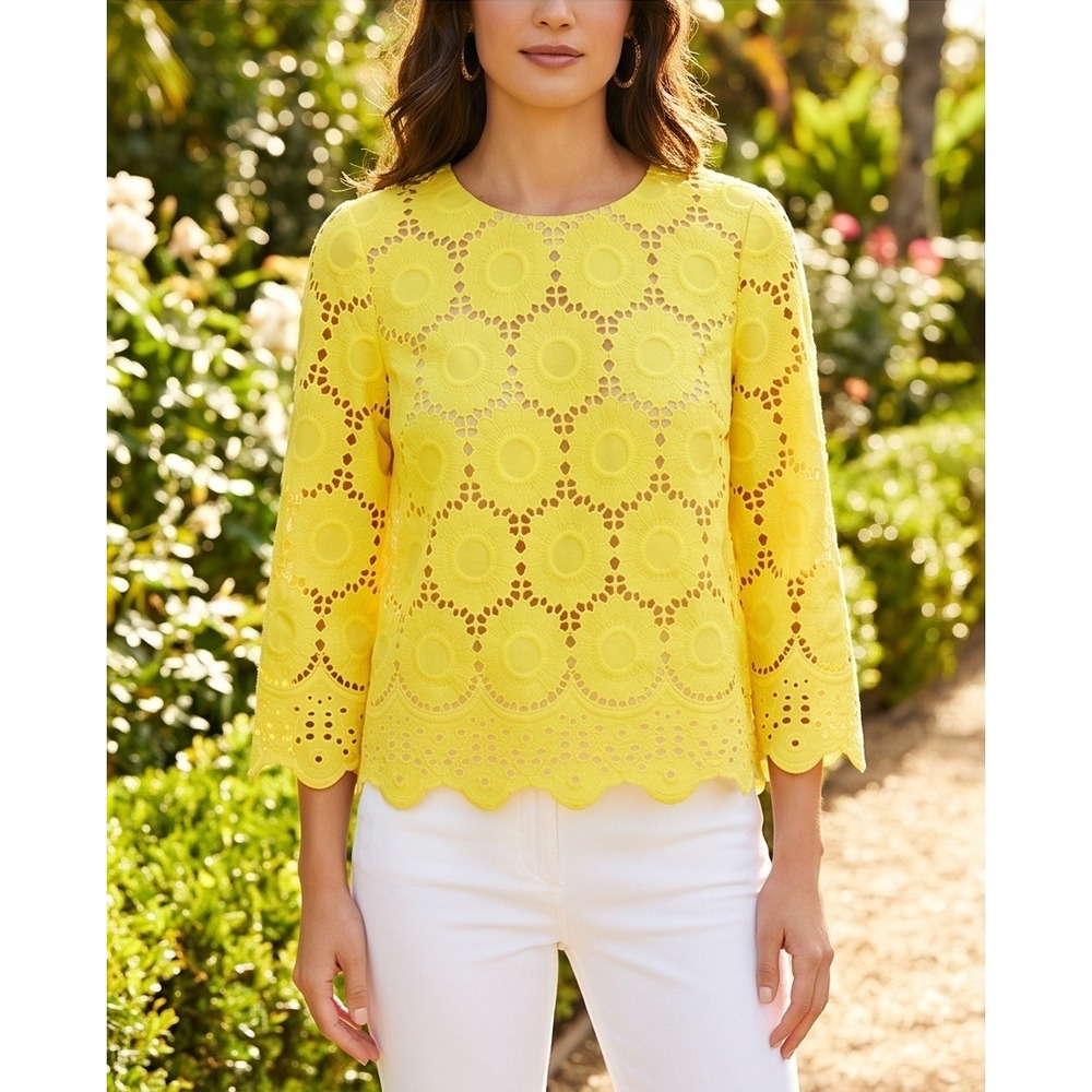 Lilly Pulitzer XXS Mariella Top Yellow Floral Scallop‎ Eyelet Lemon NWT $148